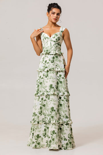 Green Floral Ruffled Corset A Line Long Bridesmaid Dress
